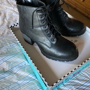 Black lace up heeled booties